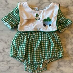 St Patrick’s day Green Gingham Baby Romper with Embroidered Dog